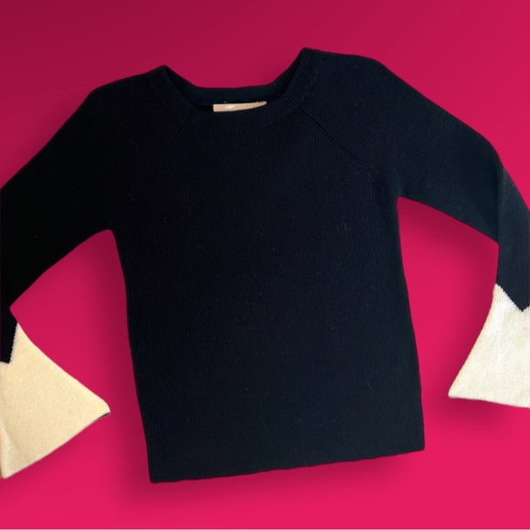Merino Wool Crew Sweater Black Small Contrast Ivory Sleeves - Picture 3 of 13